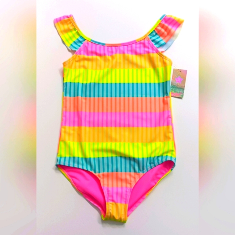 Girls bmagical One-Piece Swimsuit Pink Striped Ruffle Sleeves – Large 12 – New